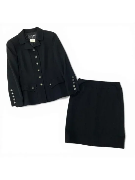 Chanel C Vintage Skirt Set Tailored Jacket 40 Black Silk - Picture 2 of 11